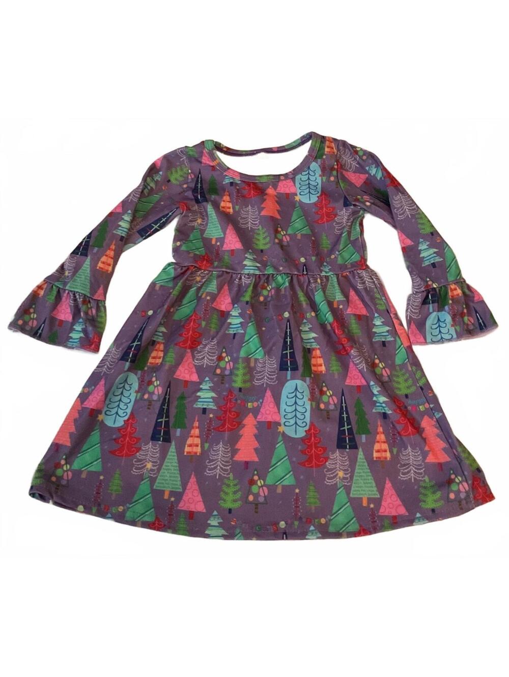 Girls 18-24M Christmas Tree Dress Purple Holiday Ruffle Bell Sleeve